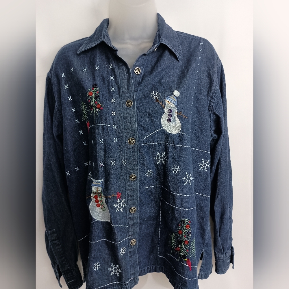 Vintage‎ Embroidered Christmas Holiday M Snowman Birds Long Sleeve Denim Shirt